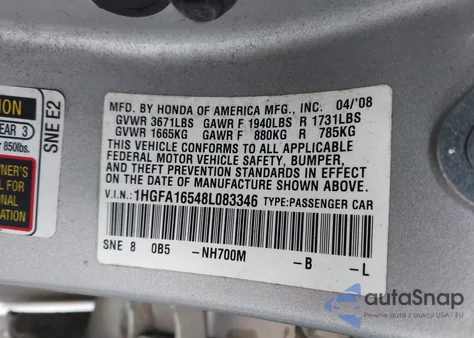 2008 Honda Civic Lx из США, поврежденный, VIN 1HGFA16548L083346